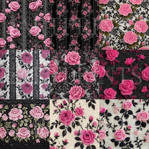 Può includere: Un collage di motivi floreali su tessuto con rose rosa su sfondi bianchi e neri. I disegni includono pizzo, strisce e varie composizioni di rose, creando un'estetica romantica e vintage.
