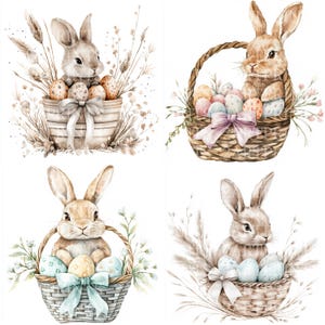 May include: Four watercolor illustrations of brown bunnies sitting in wicker baskets filled with colorful Easter eggs. The baskets are decorated with ribbons and surrounded by brown and white dried flowers.
