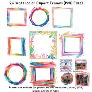 May include: A collection of 26 watercolor clipart frames in various shapes, including squares and circles. The frames feature a rainbow of colors with gold accents. Text reads: "26 Watercolor Clipart Frames (PNG Files)" and "Frames are suitable for photos, making invitations, cards, gifts, albums and much more."