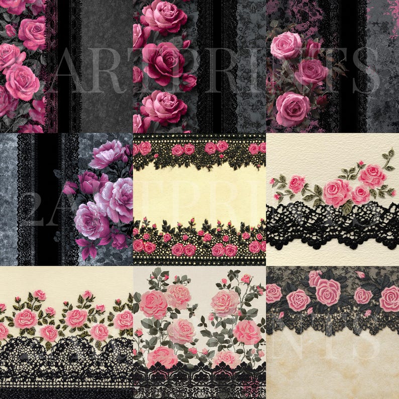 51 Black Pink Lace Roses Backgrounds, Floral Junk Journal Pages, Rose ...