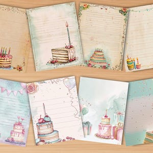 Papelería para 65 cumpleaños, paquete de papeles para tartas, hojas imprimibles para escribir cartas con y sin líneas, con forma de cupcakes y globos.