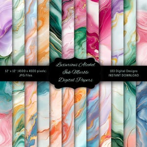 May include: Digital papers featuring abstract designs with swirling colors of pink, green, blue, and gold. The papers are 12 x 12 inches (4500 x 4500 pixels) and are available as JPG files. The image includes the text "Luxurious Alcohol Ink Marble Digital Papers."