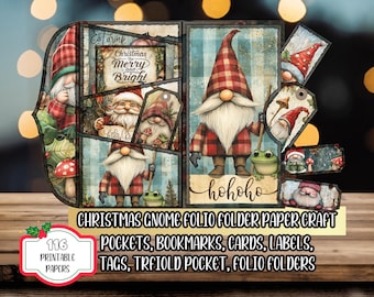 Kit de carpeta plegable de gnomo, bolsillos de rana navideña, etiquetas, tarjetas, sobre plegable tríptico DIY, papeles digitales imprimibles para manualidades, diario creativo y efímeros.