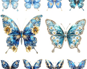 Pode incluir: Uma coleção de dez borboletas azuis com detalhes dourados. As borboletas têm diferentes desenhos, incluindo padrões florais, joias e formas geométricas.