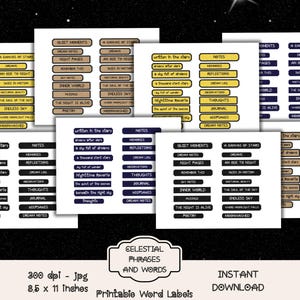 May include: Printable word labels with celestial phrases and words in various colors. The labels include phrases like "Dream Notes," "Night Pages," and "Inner World." The image also includes the text "Celestial Phrases and Words."