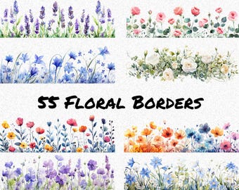 May include: Five watercolor floral borders with different flower arrangements. The borders feature lavender, bluebells, roses, wildflowers, and a mix of orange and yellow flowers.