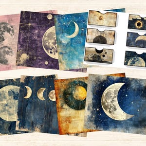 Op de afbeelding: Een set van 10 digitale printbare papieren met verschillende maanfasen en hemelse ontwerpen. De papieren hebben een vintage, verweerde uitstraling met een blauw, paars en geel kleurenschema.
