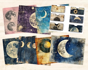 Distressed Celestial Moon Junk Journal Seiten, Taschen, Hintergründe, Journal & Karte Scrapbook Papiere, Ephemera, Print Designs, 38 Printable