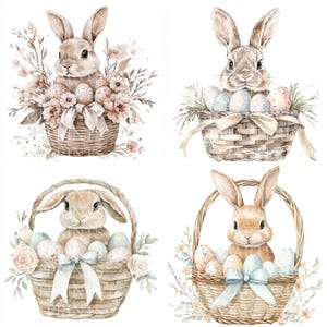 20 Häschen im Korb mit Blumen Clipart, niedlich entzückendes, druckbares Aquarell, hochwertiges JPG, Papierwesen, Junk Journal