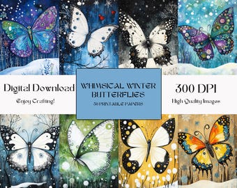 50 Butterfly Junk Journal Papers, Colorful Whimsical Butterflies, Printable Paper
