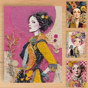Puede incluir: Una colección de grabados artísticos con retratos estilizados. El grabado principal muestra a una mujer con un vestido amarillo y estampado sobre un fondo rosa. Grabados adicionales representan mujeres con tocados florales y coloridos, con una mariposa.