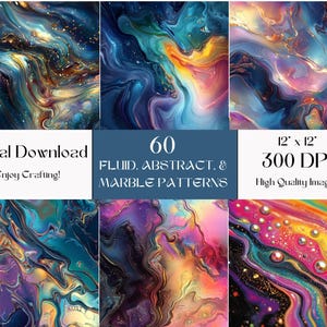 Peut inclure: Un ensemble de 60 motifs fluides, abstraits et marbrés à télécharger numériquement. Les motifs sont de différentes couleurs, notamment le bleu, le jaune, le violet et le rose. Les motifs mesurent 30,48 cm sur 30,48 cm et 300 DPI.