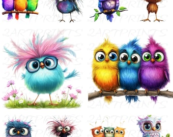 30 kleurrijke grillige vogels foto clipart, grappige eigenzinnige aquarel png-illustraties voor ongewenste dagboek, plakboek, kaartontwerpen (digitale download)