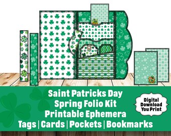 Saint Patricks Day Shamrock Folio Kit | Folding Folder Junk Journal Paper Craft Project DIY Printable Irish Ephemera: Pockets, Cards, Tags