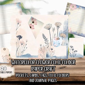 Watercolor Flower Junk Journal Kit Folio Folder & Floral Ephemera: Printable Spring Summer Paper Craft, Pockets, Tags, Cards, Writing Pages