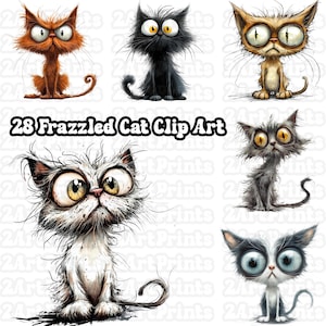 28 Quirky Cats Photo Clip Art, Watercolor Clipart PNG, Junk Journal, Scrapbook, Card Making, Digital Download, Whimsical, Frazzled Kitten