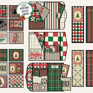 Könnte beinhalten: Digitales Papier-Set mit Weihnachtsmotiv. Das Bild zeigt verschiedene Muster, darunter Karos, Streifen und Weihnachtsbaum-Designs in Rot, Grün und Creme. Der Text "59 Printable Digital Papers" ist sichtbar.