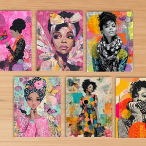 May include: A collection of six art prints featuring portraits of women. The artwork uses a collage style with vibrant colors, including pink, yellow, and blue. Each print showcases a different woman with unique hairstyles and clothing.