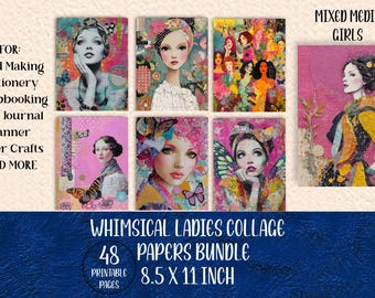 Kit com 48 páginas para colagem com técnicas mistas, incluindo páginas para diário de arte com mulheres, fundo divertido e estampas de belas mulheres.