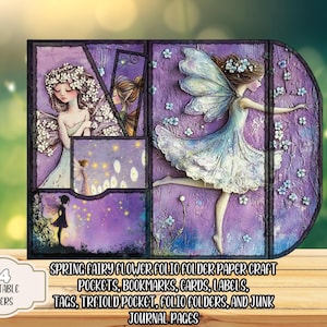 Spring Fairy Junk Journal Kit Folio Folding Folder Whimsical Paper Craft Project DIY Printable Ephemera Pockets Bookmarks Cards Tags Pages