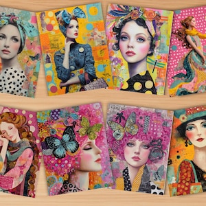 May include: A collection of eight art prints featuring stylized portraits of women. Each print showcases a unique color palette and design, with elements like butterflies, polka dots, and floral patterns. The portraits have a vintage aesthetic.