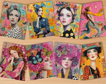 47 Papéis para Colagem com Temas de Mulheres Encantadoras, Páginas para Diário, Fundos com Mulheres, Papéis para Scrapbook com Tema de Meninas em Técnica Mista, Desenhos, Pacote para Impressão