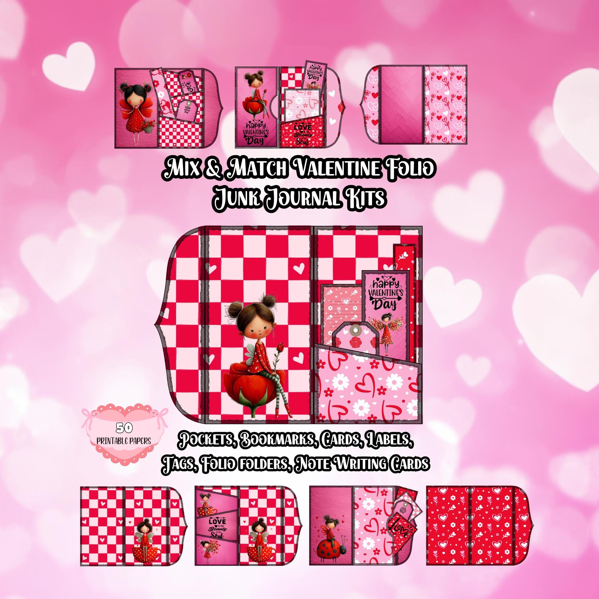 Printable Valentine Fairy Trifold Folio Kit, DIY Flower Junk Journal Folding Paper Craft With Pockets, Tags, Labels, Bookmarks, Cards,50 JPG