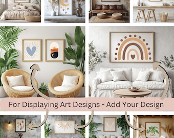 Pacote com 30 Mockups de Molduras para Arte de Parede, Molduras de Madeira em Branco para Fotos, Mockups de Galerias de Arte em Estilo Boho para Exibir Projetos Artísticos