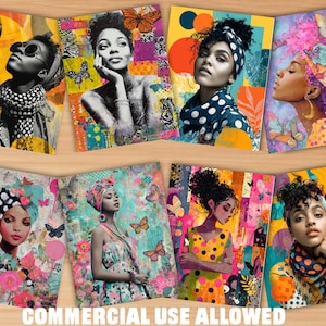 May include: A collection of eight art prints featuring portraits of women with vibrant colors and butterfly and floral motifs. The prints showcase diverse styles, including black and white and colorful illustrations. The text "COMMERCIAL USE ALLOWED" is at the bottom.