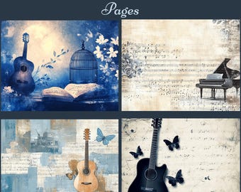 Può includere: Quattro immagini di collage digitali che presentano strumenti musicali, una gabbia per uccelli e farfalle. Le immagini sono in uno schema di colori blu e bianco con un'estetica vintage. Il testo "Printable Blue Neutral Music Pages" è in cima all'immagine.