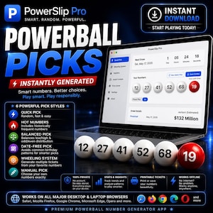 Puede incluir: Imagen promocional de PowerSlip Pro, una aplicación generadora de números de Powerball. La imagen presenta una computadora portátil que muestra la interfaz de la aplicación, con seis bolas de lotería al frente. El texto incluye "Descarga instantánea".