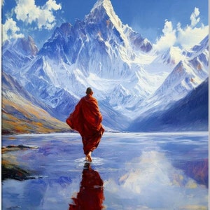 Buddhist Monk Walking on a Frigid Himalayan Lake Fantasy Canvas Print, Wall Art Home Room Studio Dorm Decor Asian Indian Gift, Ready to Hang