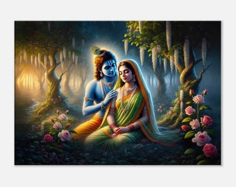 Lord Krishna and Radha Peaceful Dawn, Canvas Art Print, Home Office Living Room Wall Decor, Hindu Heritage Indian Ethnic Gift, Ready to Hang