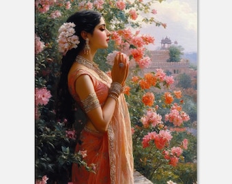 Impresión en lienzo de mujer india con atuendo vintage para jardín, arte de pared para el hogar, oficina, sala de estar, estudio, dormitorio, regalo de herencia étnica, listo para colgar.