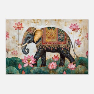 Indian Elephant with Intricate Decorations Canvas Print, Wall Art Home Office Studio Decor, Vintage Mural Style Heritage Gift, Ready to Hang