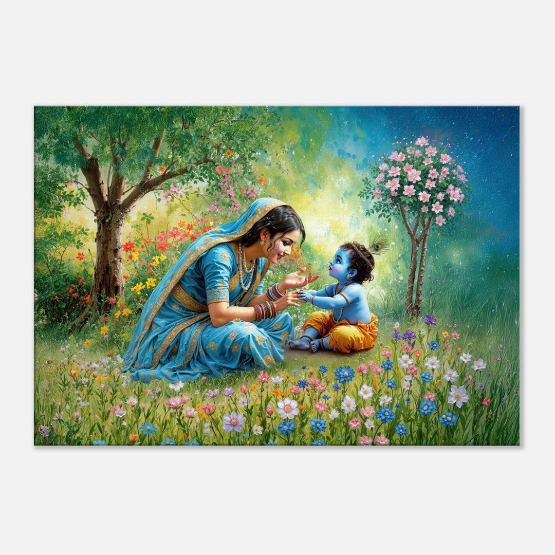 Baby Krishna And Mother Yashoda In A Flourishing Garden Canvas Print Baby Krishna And Mother Yashoda In A Flourishing Garden Canvas Print