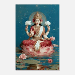 Goddess Lakshmi Sitting on a Lotus Grunge Canvas Print, Wall Art Home Office Studio Room Decor, Indian HIndu Heritage Gift, Ready to Hang