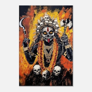 Hindu Goddess Kali Neo Folk Primitive Style Canvas Print, Vertical Wall Art Home Dorm Studio Room Decor, Ethnic Heritage Gift, Ready to Hang