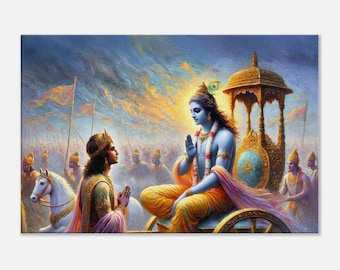 Lord Krishna im Gespräch mit Arjuna in Kurukshetra Leinwanddruck Gita Hindu Indian Mahabharata Ethnisches Geschenk Wandkunst Wohnkultur, fertig zum Aufhängen