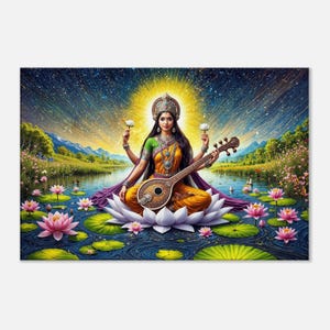 Goddess Saraswati Seated on a Lotus Canvas Print, Wall Art Home Studio Decor, Hindu Goddess of Learning India Heritage Gift, Ready to Hang