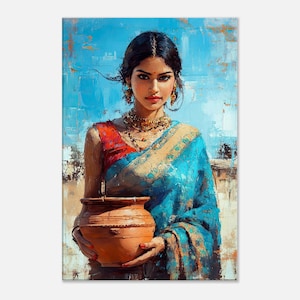 Hübsche indische Frau in einem Saree mit einem Gartentopf Leinwanddruck, Wandkunst Home Office Wohnheim Studio Wohnzimmer Dekor Geschenk, fertig zum Aufhängen