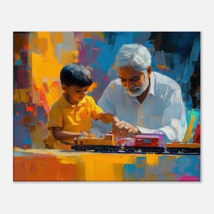 Indian Grandfather and Grandson Playing with a Toy Train Set Canvas Print, Wall Art Kids Room Home Studio Dorm Decor Gift, Ready to Hang Art