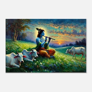 Krishna the Cowherd Vrindavan Canvas Print, Indian Ethnic Hindu Heritage Gift, Wall Art Home Office Studio Decor, Ready to Hang Art Print