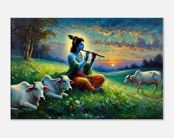 Krishna der Kuhhirte Vrindavan Leinwanddruck, indische ethnischen Hindu Erbe Geschenk, Wand Kunst Home Office Studio Dekor, fertig zum Aufhängen Kunstdruck