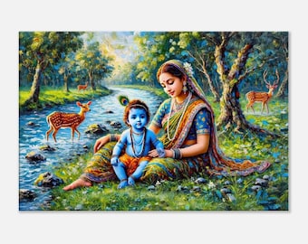 Baby Krishna and Mother Yashoda in a Peaceful Forest Canvas Print, Indian Hindu Heritage Wall Art Home Nursery Kids Decor Ready to Hang Gift