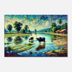 Southern Indian Village Lake with Water Buffaloes Canvas Print, Home Office Studio Wall Art Room Decor, Heritage Ethnic Gift, Ready to Hang