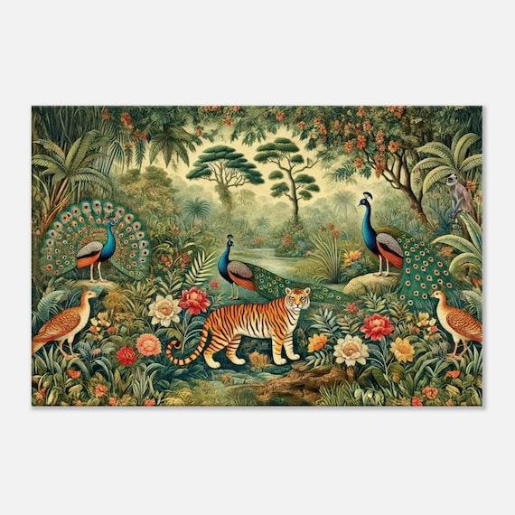 Quadro Su Tela Pavoni Nella Foresta Verde - 101x76 Cm, Stampe Su Tela Allungata E Incorniciata, Pronto Da Appendere - 5