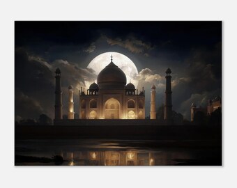 Taj Mahal Under a Full Moon Fantasy Canvas Print, Wall Art Home Studio Room Storybook Feel Decor, India Heritage Gift, Ready to Hang