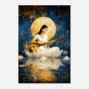 Goddess Saraswati Peaceful Minimal Moonlight Canvas Print, Wall Art Home Room Vertical Tall Decor, Indian Hindu Heritage Gift, Ready to Hang