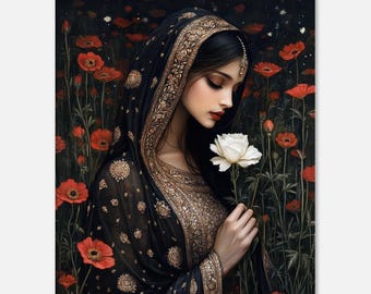 Regal Indian Woman in Traditional Clothing Portrait Canvas Print, Home Wall Art Home Office Studio Decor Ethnic Heritage Gift, Ready to Hang